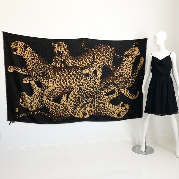 Yves Saint Laurent Shawl Massive Leopard Foulard Silk Wool 84in YSL Vintage Rare - Picture 2 of 8